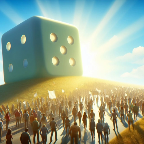A huge dice monolith on a hillside with followers flocking to it