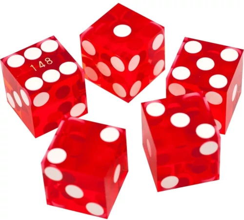 Five red casino dice.