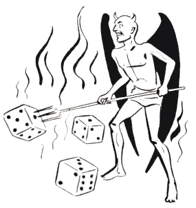 A cartoon devil with dice on a pitchfork, from the rule book of a 1943 Yatzie game.