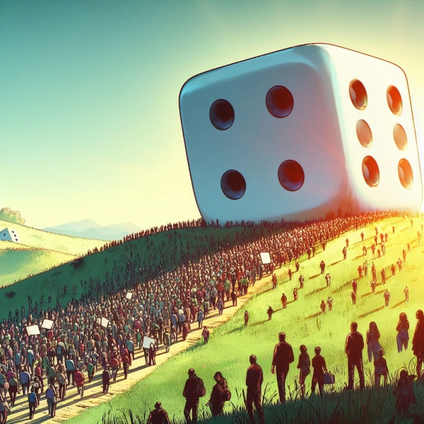 People flocking to giant dice on a hill