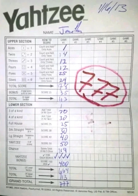 A Yahtzee scorecard with a 777 total score.