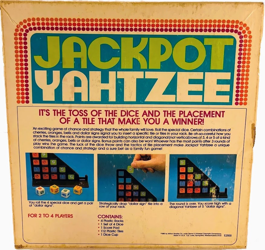 The bottom of a 1980 Jackpot Yahtzee box, featuring an overview of the game.