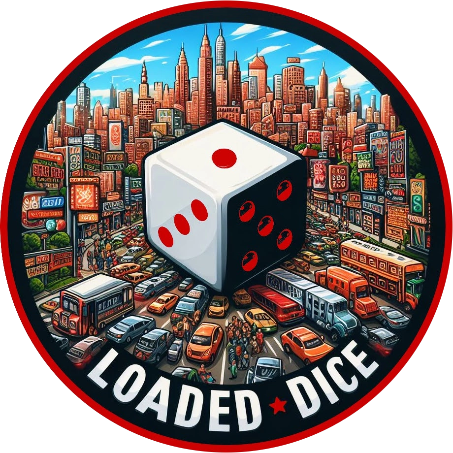 Loaded Dice logo - a Yahtzee die in a bust city scene