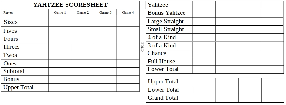 Realigned Yahtzee Scorecard
