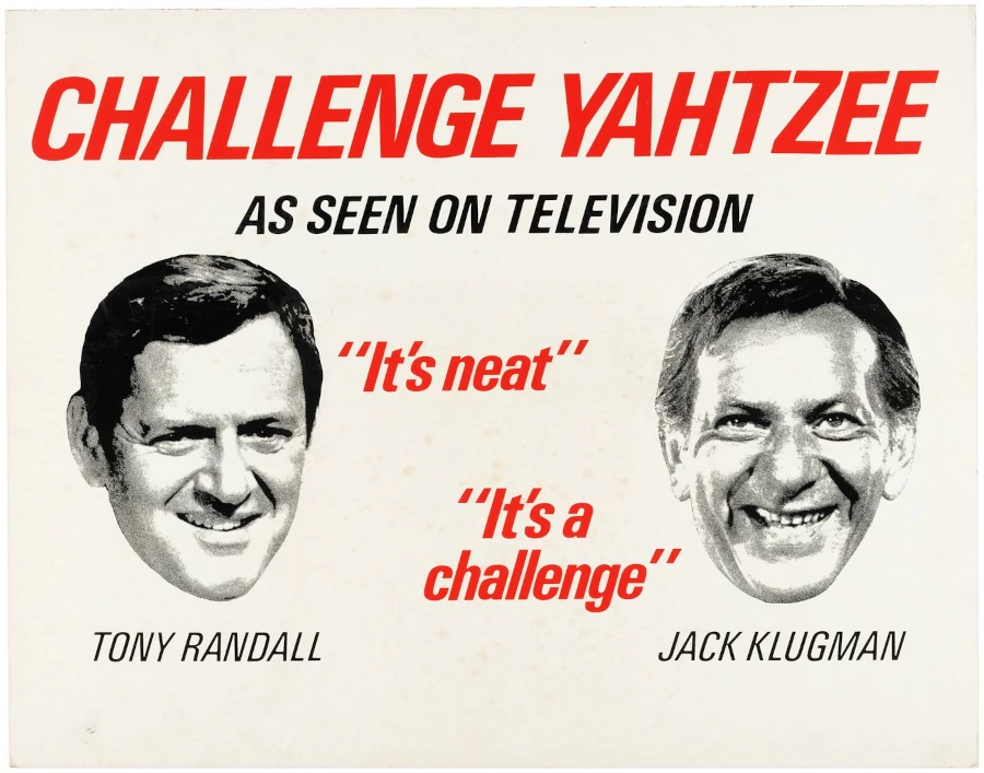A 1970s Challenge Yahtzee advertising stand used at toy fairs, featuring TV's 'The Odd Couple'.