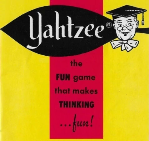 From the cover of the 1967 Yahtzee instruction book, a Yahtzee scholar and slogan 'The game that makes thinking fun'.