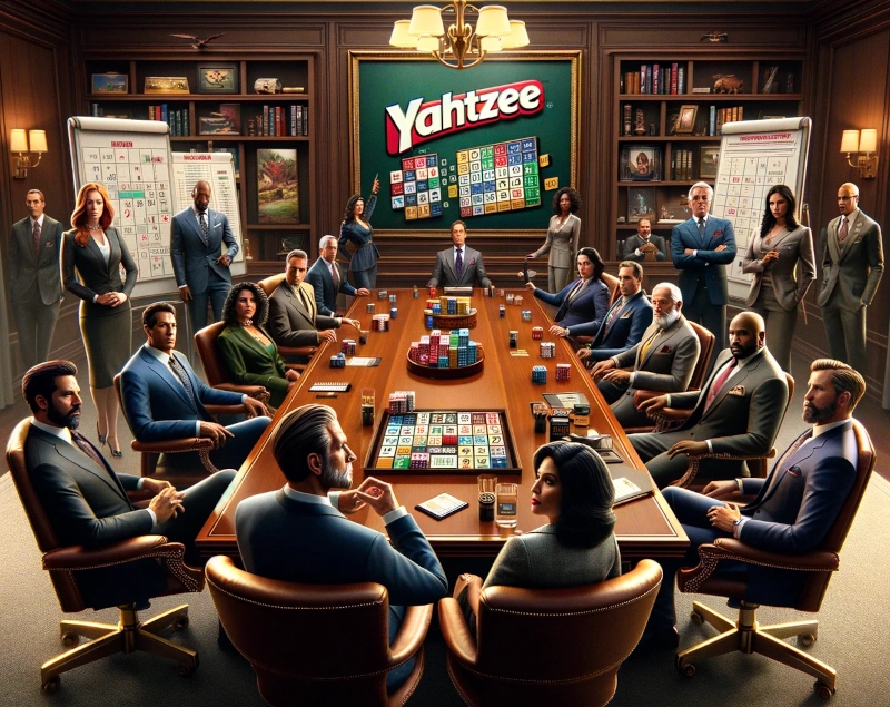 Yahtzee board meeting with high-powered board game executives