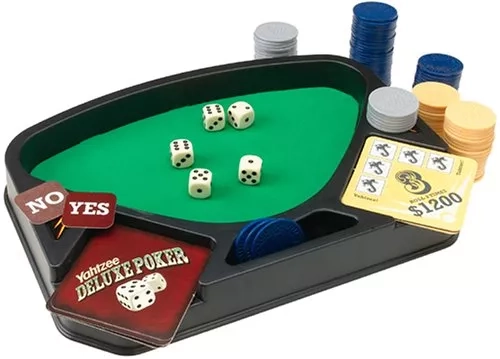 Yahtzee Deluxe Poker game equipment, including dice tray, cards, and chips