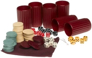 Yahtzee Texas Hold 'Em game equipment, including dice, shaker, and chips