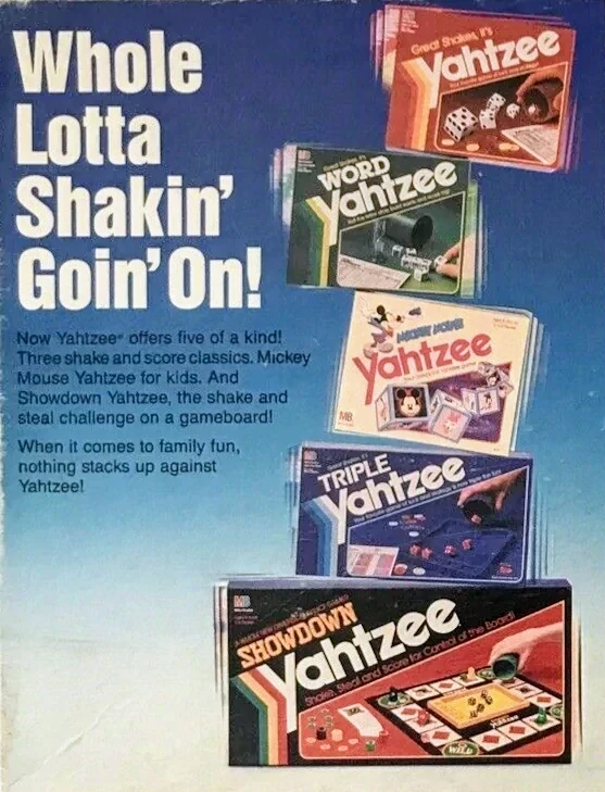 From the bottom of a 1991 Showdown Yahtzee box, an ad for five variations of Yahtzee.