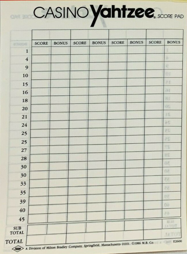 Casino Yahtzee Scorecard, ©1986 Milton Bradley