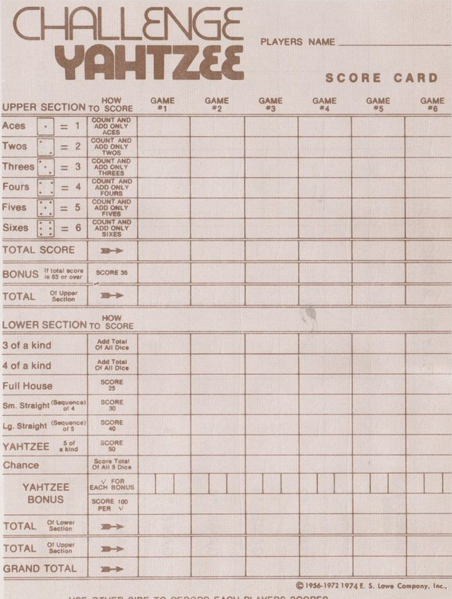 Challenge Yahtzee Scorecard, ©1974 Milton Bradley