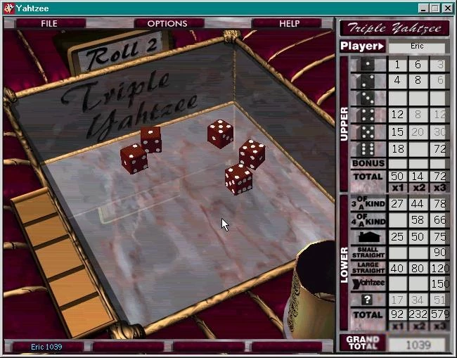 Screenshot from a 1996 Ultimate Yahtzee video game package for Microsoft Windows.