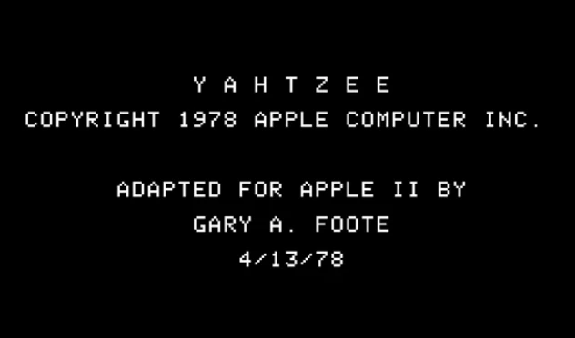 Screenshot from a 1978 Yahtzee video game for Apple II personal computer