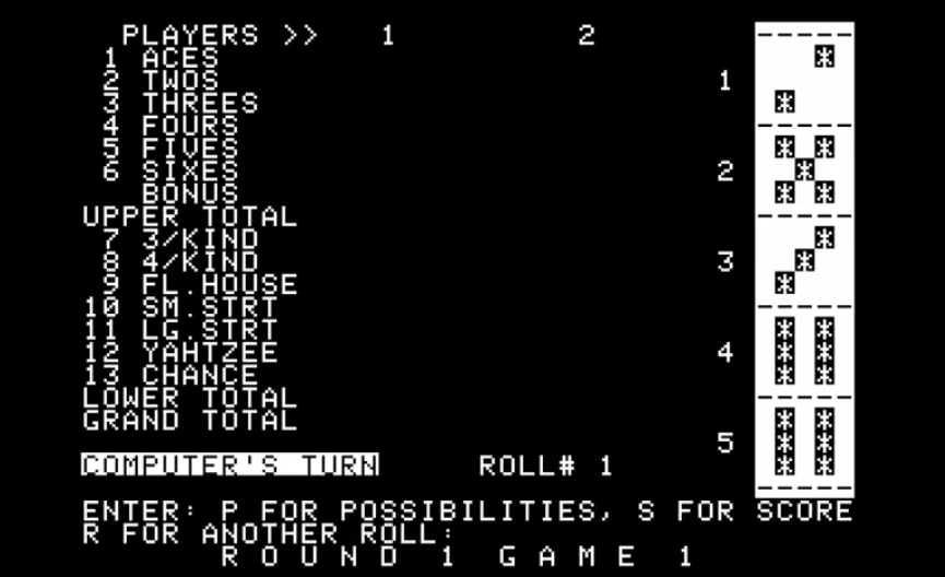 Screenshot of a 1978 Yahtzee video game from an Apple II personal computer.
