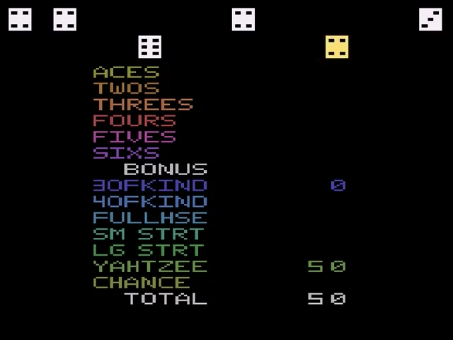Screenshot from a 2000 Yahtzee video game for Atari 2600 video game console