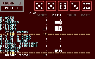 1983 Yahtzee video game on a Commodore 64