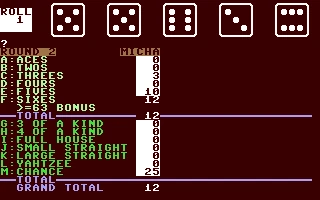 1984 Yahtzee video game on a Commodore 64