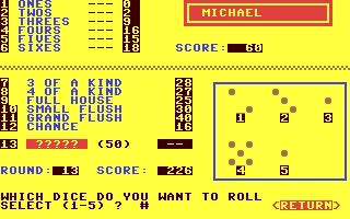 Screenshot of a 1986 Yahtzee video game from a Commodore 64 gaming console.