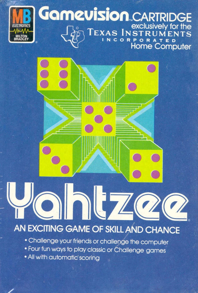 Front cover of a 1979 Yahtzee video game package for Texas Instruments TI-99/4 personal computer
