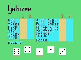 Screenshot from a 1979 Yahtzee video game package for Texas Instruments TI-99/4 personal computer