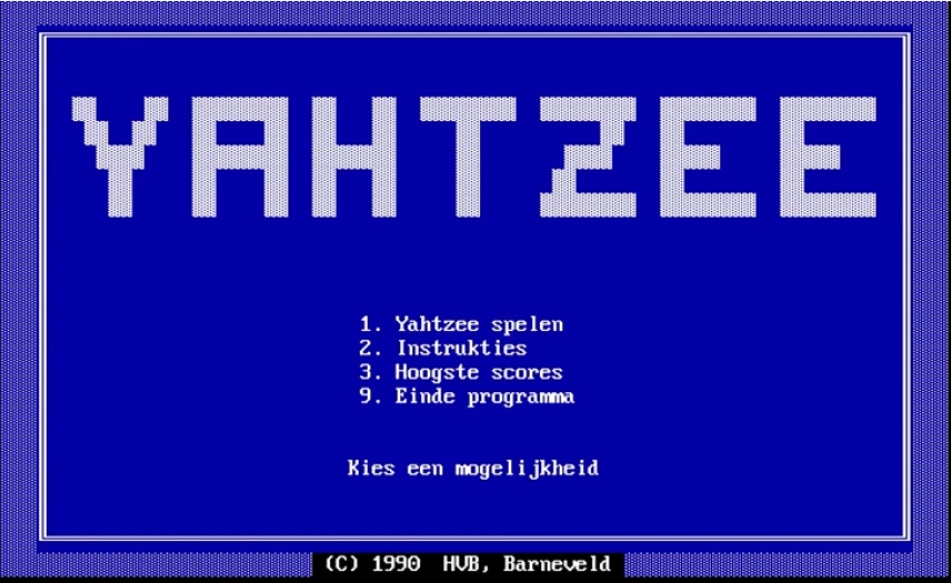 Screenshot of a 1990 Yahtzee video game from a personal computer.