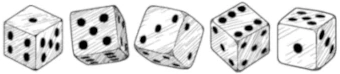 Pencil drawing of five Yahtzee dice rolling