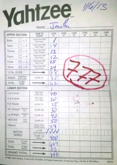 A Yahtzee scorecard featuring a player's high score of 777 points.