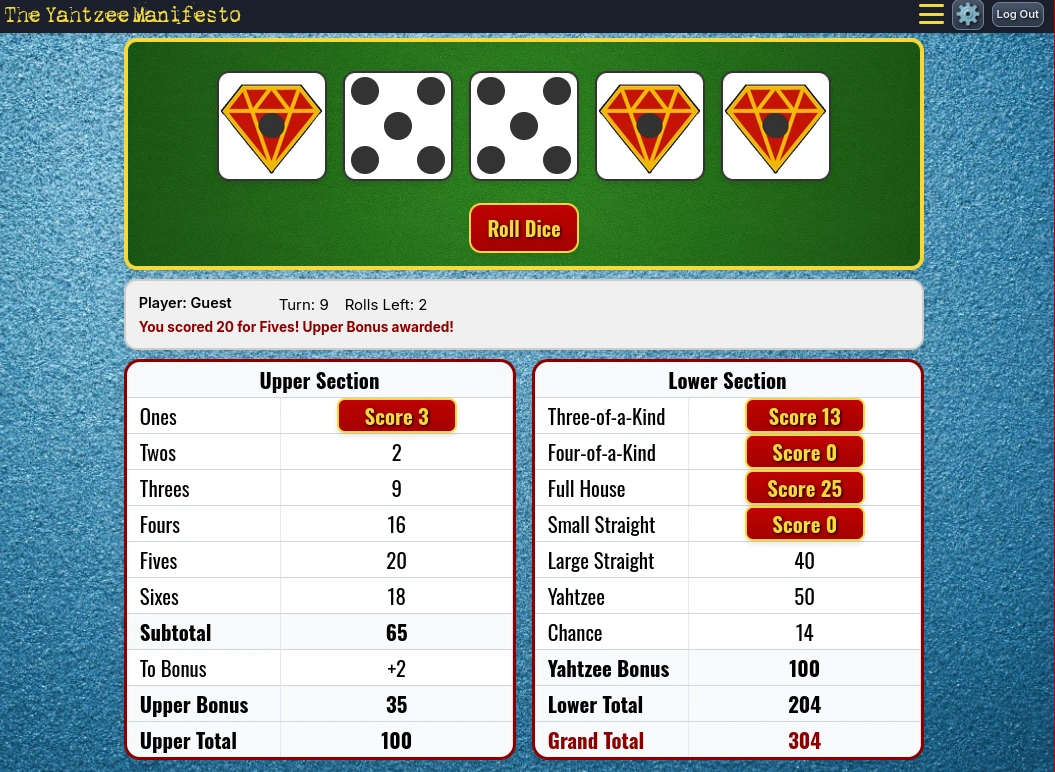 Play Yahtzee Online - Glass Theme