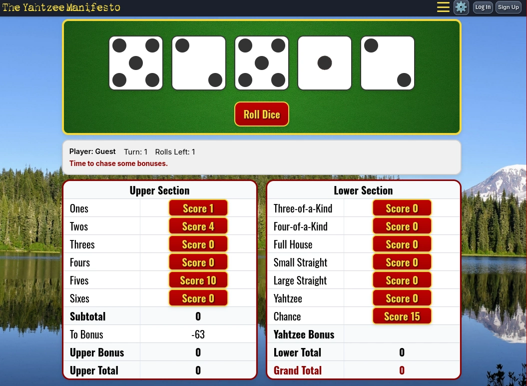 Play Yahtzee Online - Lake Theme