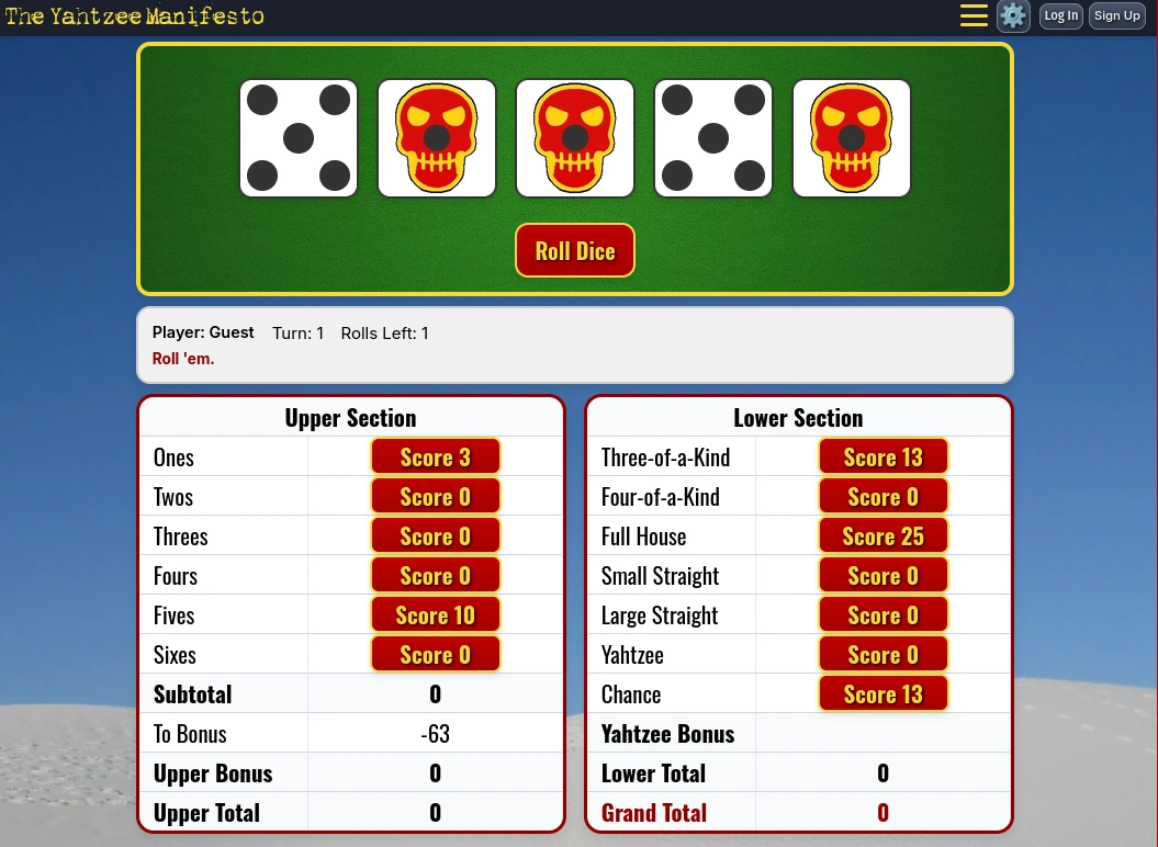 Play Yahtzee Online - Sands Theme