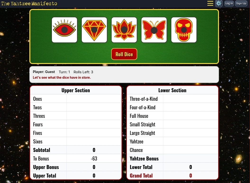 Play Yahtzee Online - Space Theme
