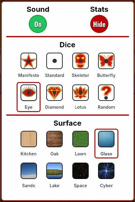 Yahtzee online control panel for customization