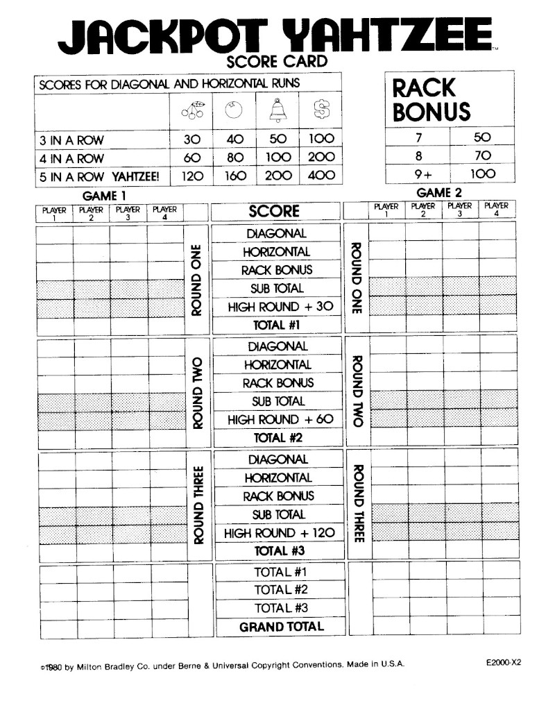 Jackpot Yahtzee Scorecard, ©1980 Milton Bradley