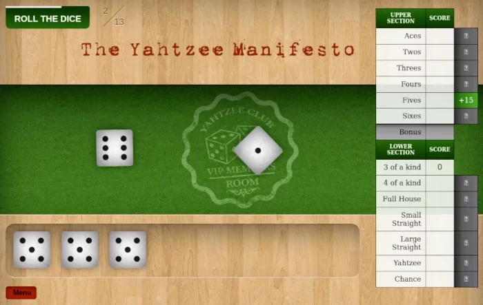 Online Yahtzee game on a wood table with green velvet trim