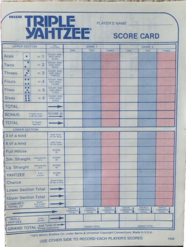 Triple Yahtzee Scorecard, ©1978 Milton Bradley