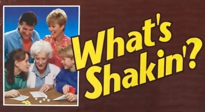What's Shakin' text and image of a family playing Yahtzee, from the back of a Yahtzee box