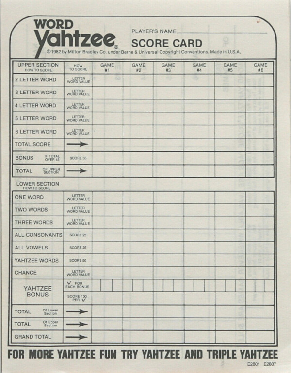 Word Yahtzee Scorecard, ©1982 Milton Bradley
