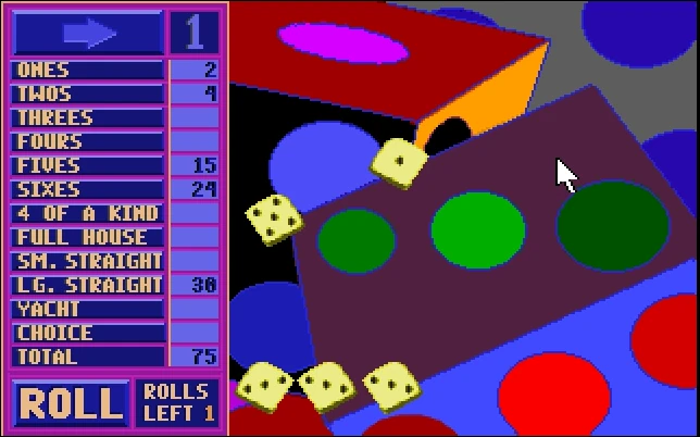 Screenshot of a 1991 Yahtzee video game from a personal computer.