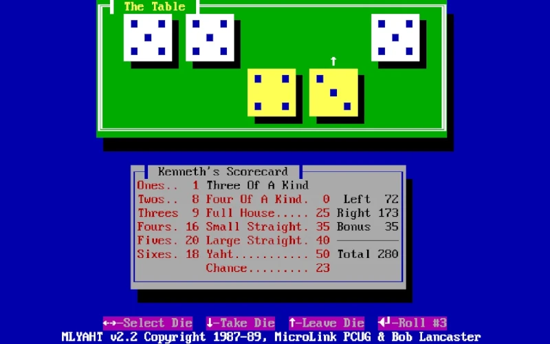 Screenshot of a 1987 Yahtzee video game from a personal computer.