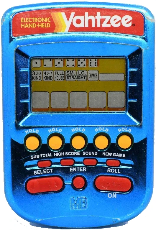 Electronic Yahtzee handheld game advertisement, 1995