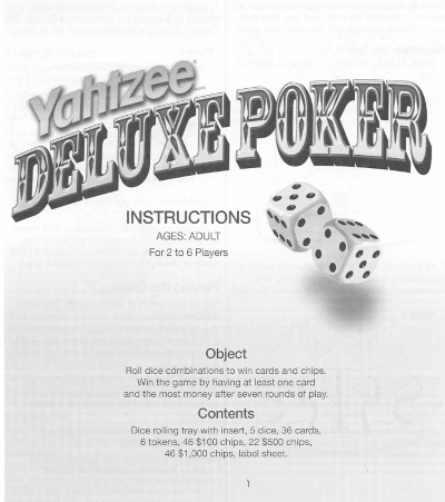 Yahtzee Deluxe Poker Rules, ©2005 Hasbro
