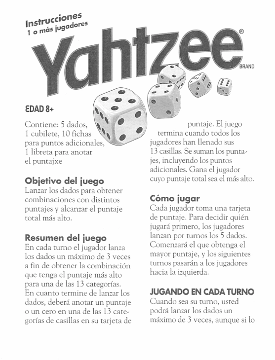 Yahtzee Instrucciones en Español, ©2004 Hasbro