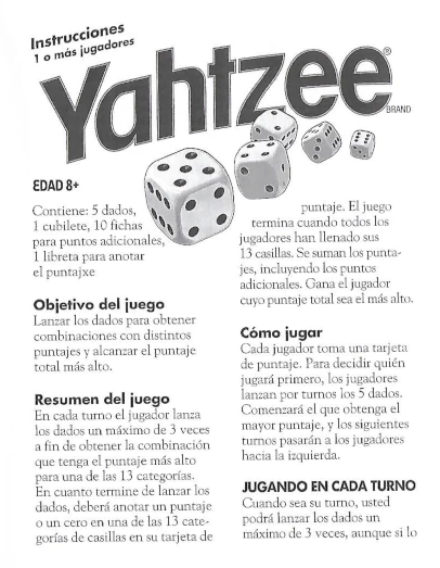 Yahtzee Instrucciones en Español, ©2005 Hasbro