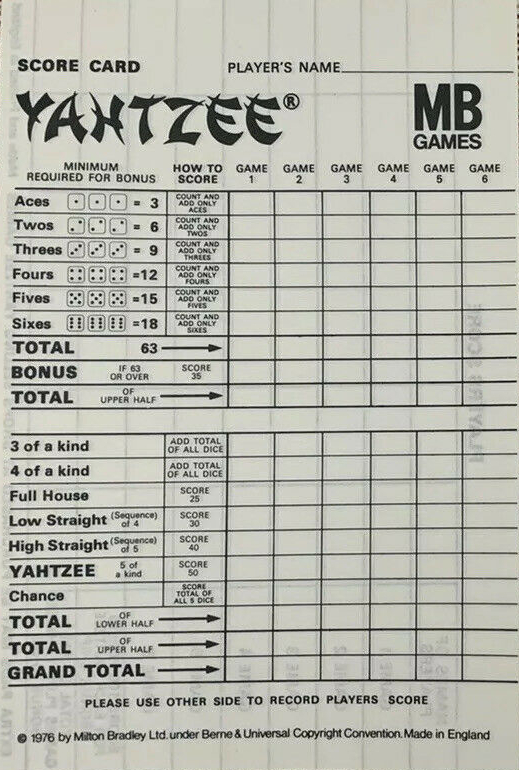 Yahtzee Scorecard, ©1976 Milton Bradley