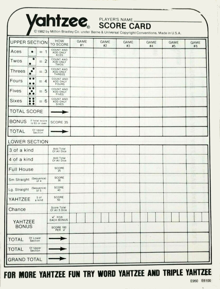 Yahtzee Scorecard, ©1982 Milton Bradley