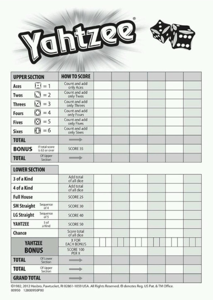 Yahtzee Scorecard, ©2012 Hasbro