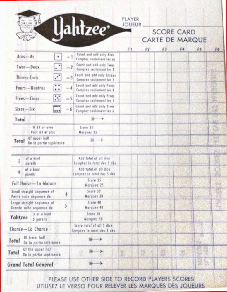 Yahtzee Carte de Margue, Canada, ©1976 Milton Bradley