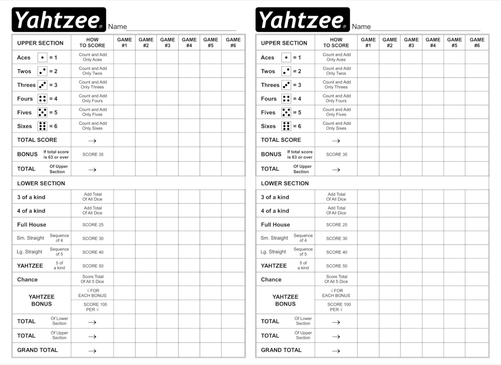 Print Double Yahtzee Scorecard